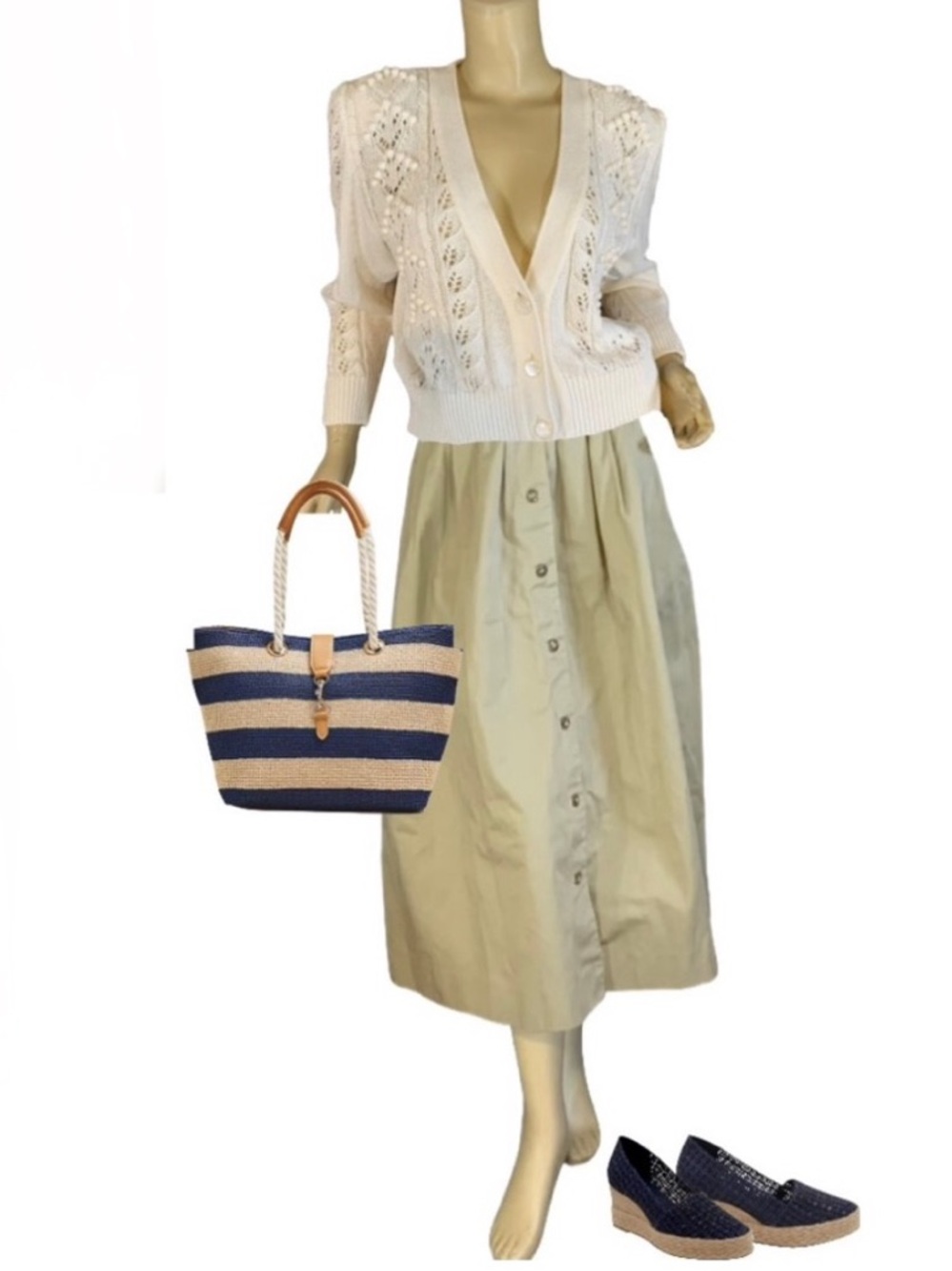 VINTAGE 1980'S LIBERTY BY ELLIOT LAUREN KHAKI COTTON BUTTON DOWN MIDI SKIRT (12)